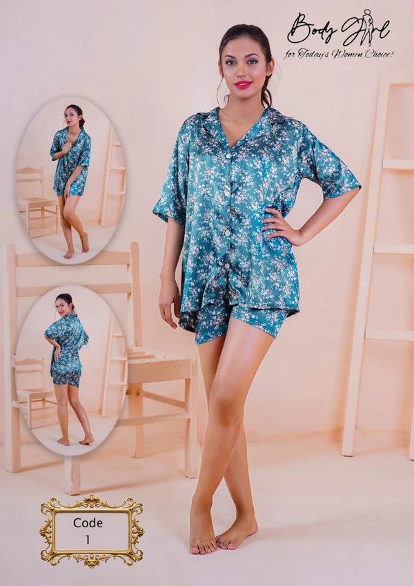 The Once More Print Pajama Set, Short Sleeve Buttons Top & Elastic Waistband Shorts, Women's Sleepwear & Loungewear