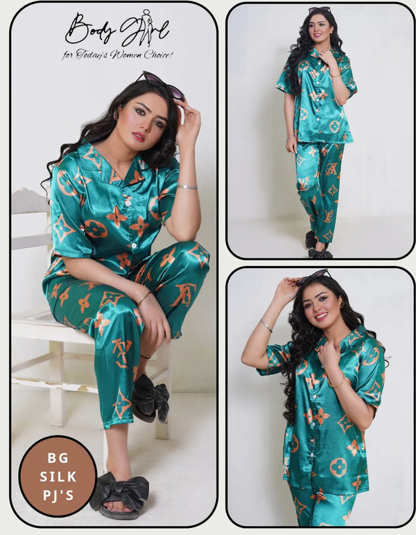 The Once Luxury Satin Pajama Set – Green & Gold Printed Nightwear