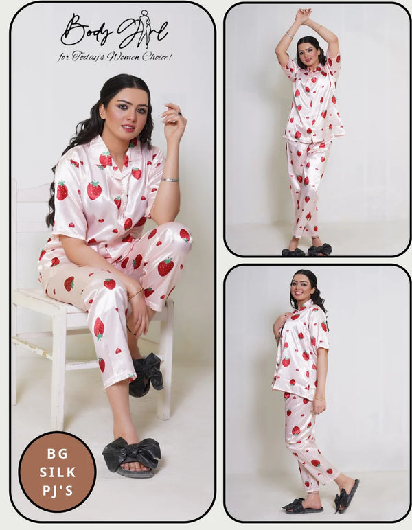 The Once More BG Silk Pajama Set – Strawberry Print Satin Nightwear