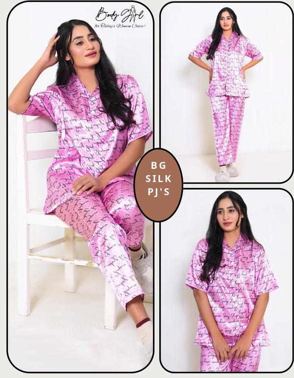 The Once More Women's Satin Pajama Set - Pink Script Print