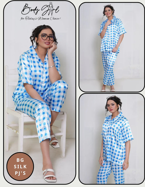 The Once More Luxury BG Silk Pajama Set – Blue & White Checkered Nightwear