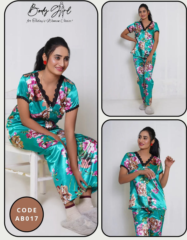 Title: Elegant Sky Green Floral Print Pajama Set – 2-Piece Loungewear