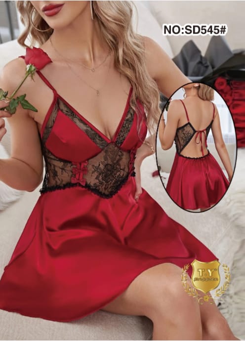 The Once More CONTRAST LACE BOW DETAIL SATIN CAMI NIGHTDRESS For Girls & Women